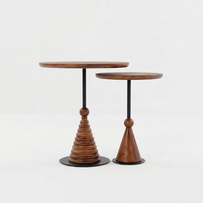 Sheesham Wood Round Nesting Side Tables Set of 2 with Black Metal Details