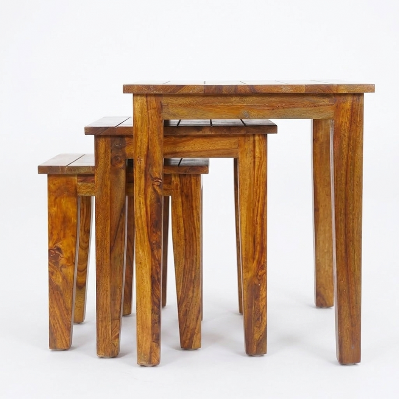 Sheesham Wood Nesting Side Tables Set of 3 – Stackable and Versatile in Honey Finish