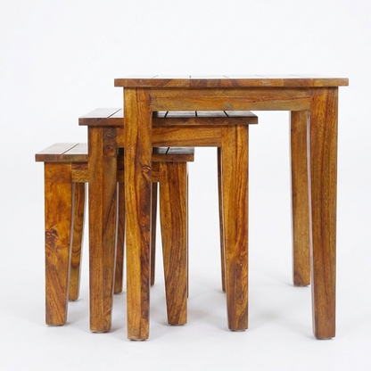 Sheesham Wood Nesting Side Tables Set of 3 – Stackable and Versatile in Honey Finish