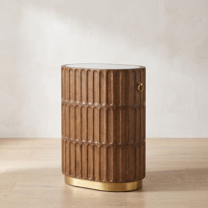 Aurora - Acacia Wood Bar Cabinet with Fluted Panel Design & Natural Marble Top