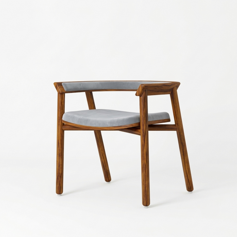 Sheesham Wood Armchair with Grey Cushioned Seat & Backrest - Modern Mid-Century Accent Chair