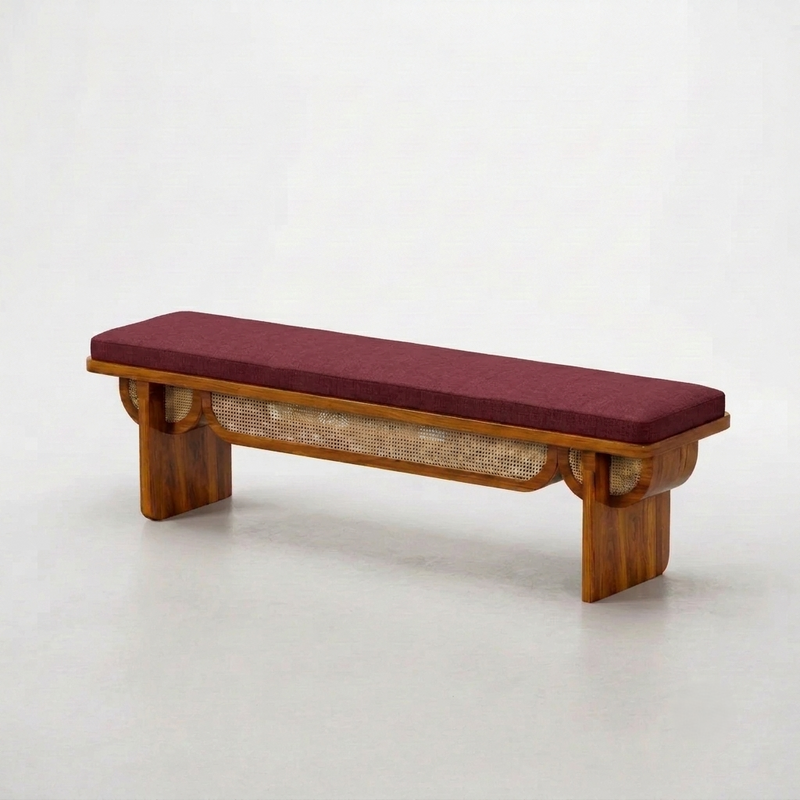 Sheesham Wood Designer Cane Bench with Maroon Upholstered Seat