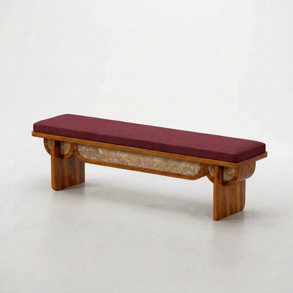 Sheesham Wood Designer Cane Bench with Maroon Upholstered Seat