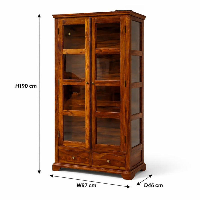 Suryavanshi Solid Sheesham Wood Crockery Cabinet with Glass Doors & Drawers