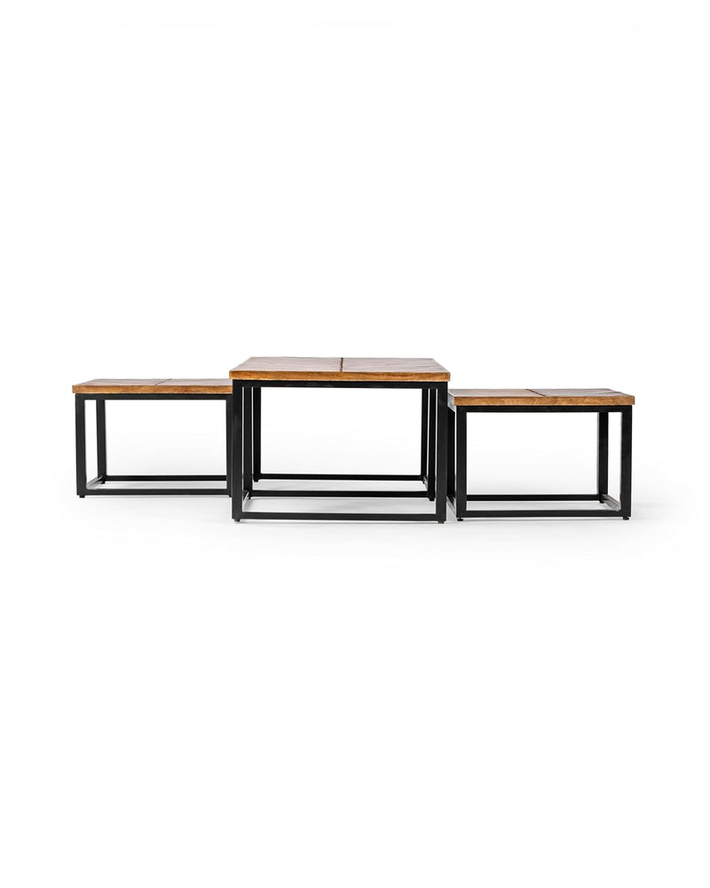 Suryavanshi Sheesham Wood Coffee Table with Iron Stand - Includes 2 Stackable Stools - Versatile and Stylish Living Room Set (Industrial, W120 D60 H41.5)