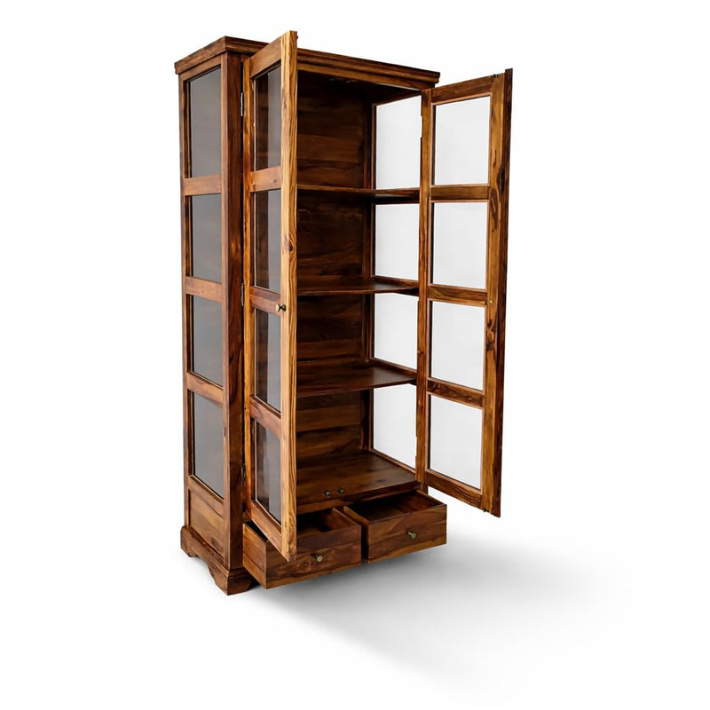 Suryavanshi Solid Sheesham Wood Crockery Cabinet with Glass Doors & Drawers