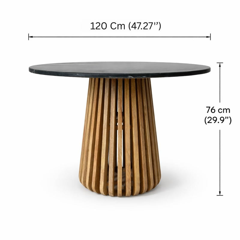 Suryavanshi - Bristol Round Black Marble Dining Table with Wooden Slatted Pedestal Base