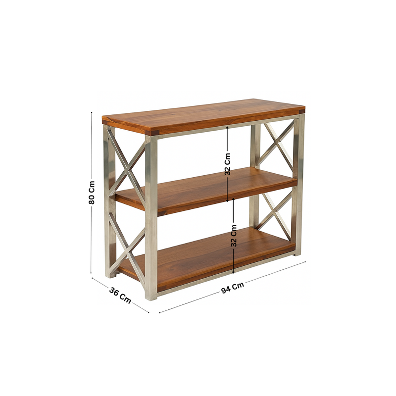 Suryavanshi Solid Sheesham Wood & Stainless Steel Console Table | 3-Tier Open Shelf Storage Rack for Living Room, Hallway & Office | Modern Industrial Design