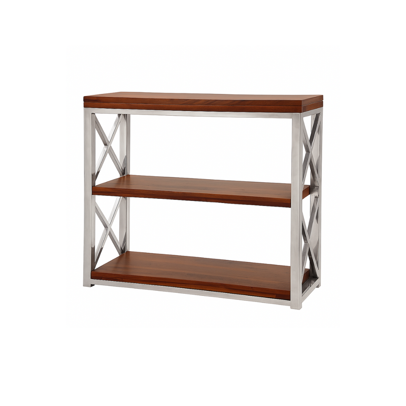 Suryavanshi Solid Sheesham Wood & Stainless Steel Console Table | 3-Tier Open Shelf Storage Rack for Living Room, Hallway & Office | Modern Industrial Design