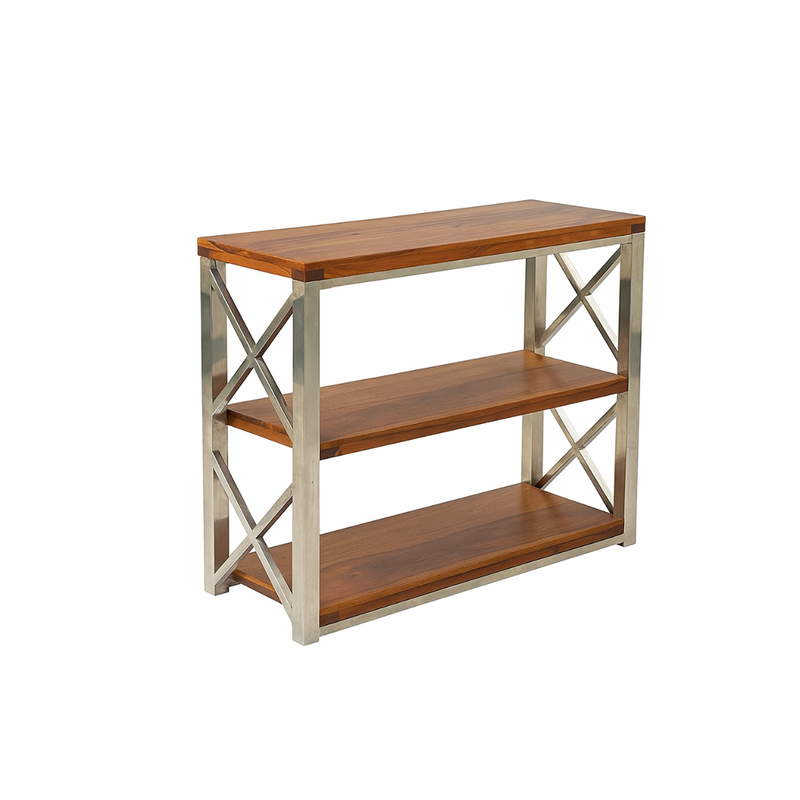 Suryavanshi Solid Sheesham Wood & Stainless Steel Console Table | 3-Tier Open Shelf Storage Rack for Living Room, Hallway & Office | Modern Industrial Design