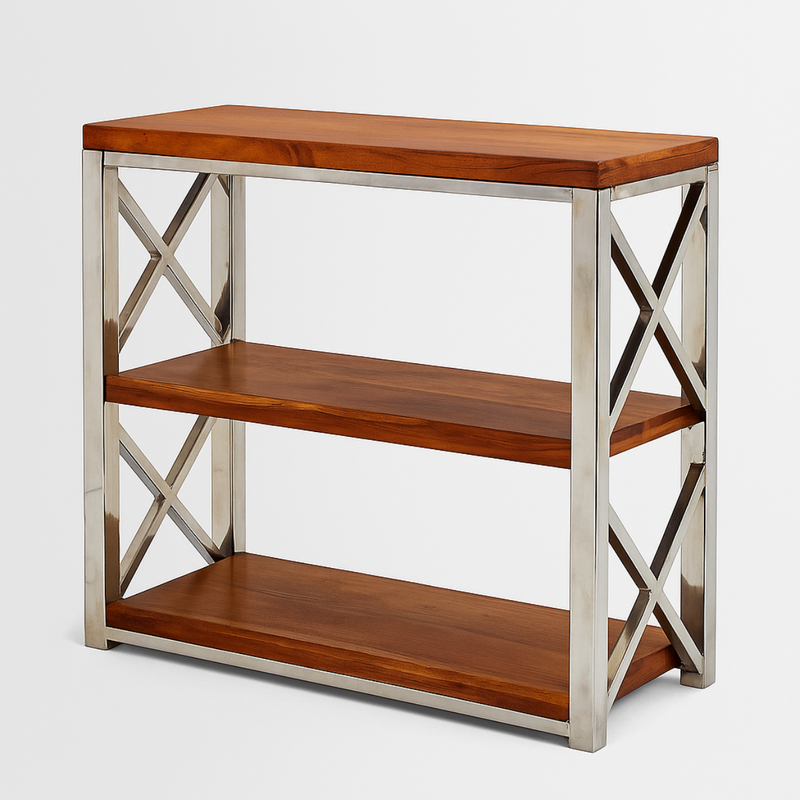 Suryavanshi Solid Sheesham Wood & Stainless Steel Console Table | 3-Tier Open Shelf Storage Rack for Living Room, Hallway & Office | Modern Industrial Design