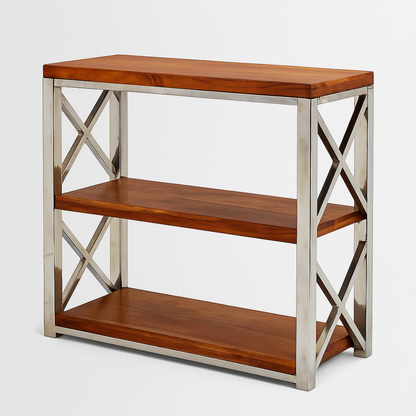 Suryavanshi Solid Sheesham Wood & Stainless Steel Console Table | 3-Tier Open Shelf Storage Rack for Living Room, Hallway & Office | Modern Industrial Design