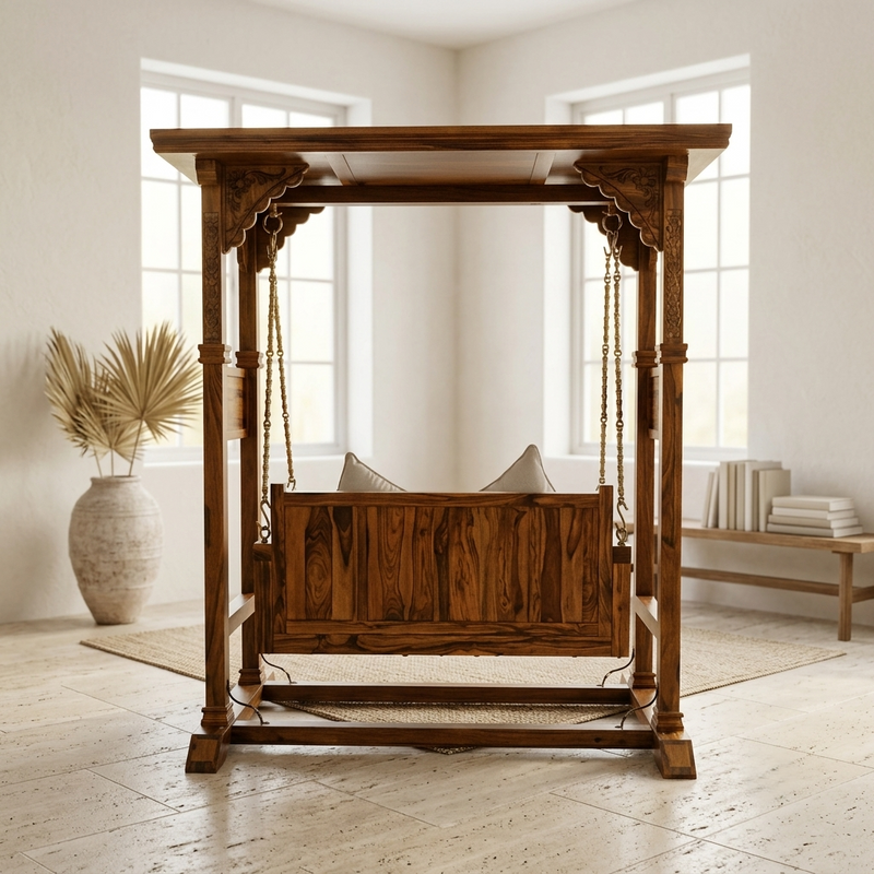 Ambar Solid Wood Temple Swing with Stand | Traditional Hand-Carved Wooden Jhula For Living Room