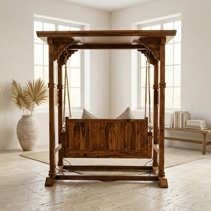 Ambar Solid Wood Temple Swing with Stand | Traditional Hand-Carved Wooden Jhula For Living Room