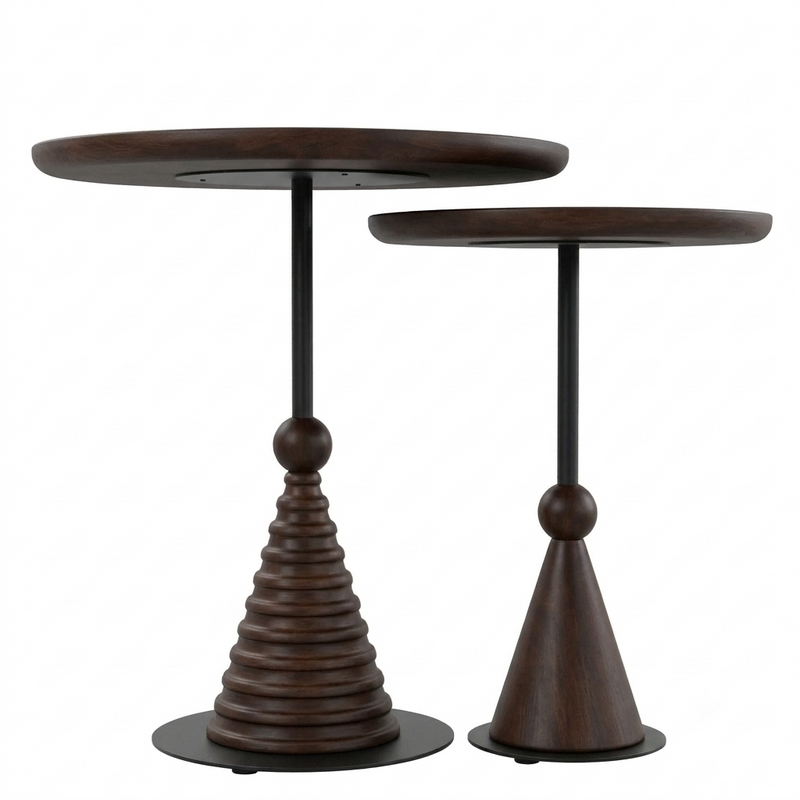 Sheesham Wood Round Nesting Side Tables Set of 2 with Black Metal Details