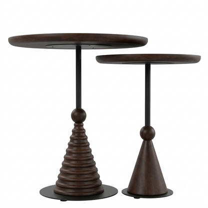 Sheesham Wood Round Nesting Side Tables Set of 2 with Black Metal Details