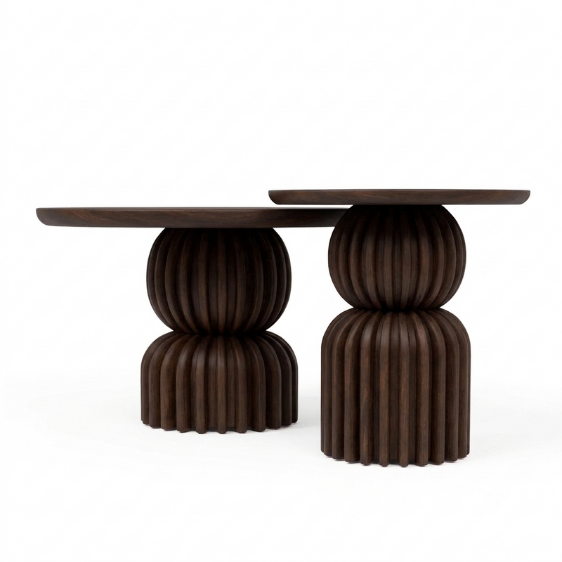 Sheesham Wood Nesting Coffee Tables Set of 2 - Sculptural Ribbed Pedestal Base
