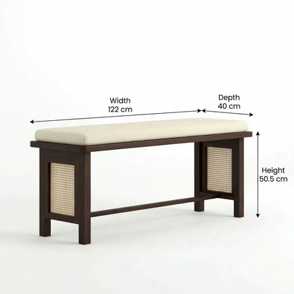 Sheesham Wood Bench with Cream Upholstered Seat & Woven Cane Panels