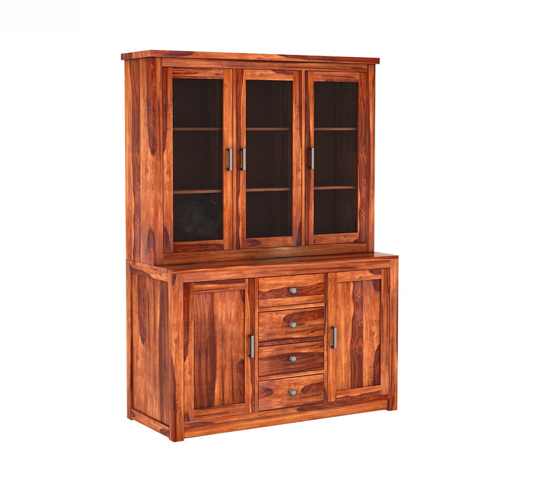 Suryavanshi Furniture Sheesham Wood Kitchen Buffet | Hutch Cabinet : Elegant Storage Solution with Glass Doors and Drawers | Crockery Cabinet | Natural Finish