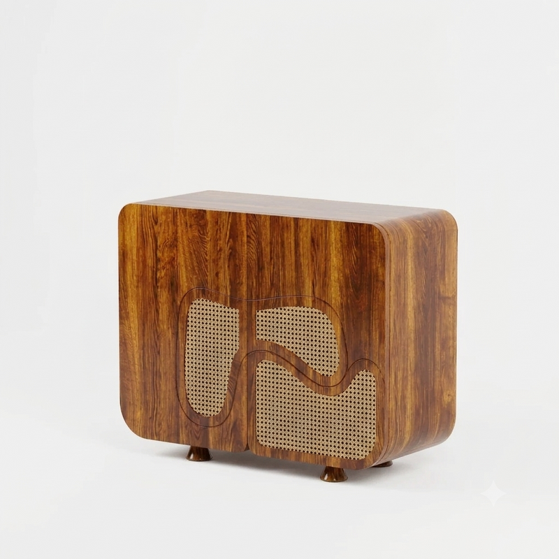 Sheesham Wood Modern Shoe Cabinet with Cane Rattan Doors, Wave Design Storage