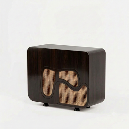 Sheesham Wood Modern Shoe Cabinet with Cane Rattan Doors, Wave Design Storage