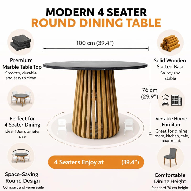 Suryavanshi - Bristol Round Black Marble Dining Table with Wooden Slatted Pedestal Base