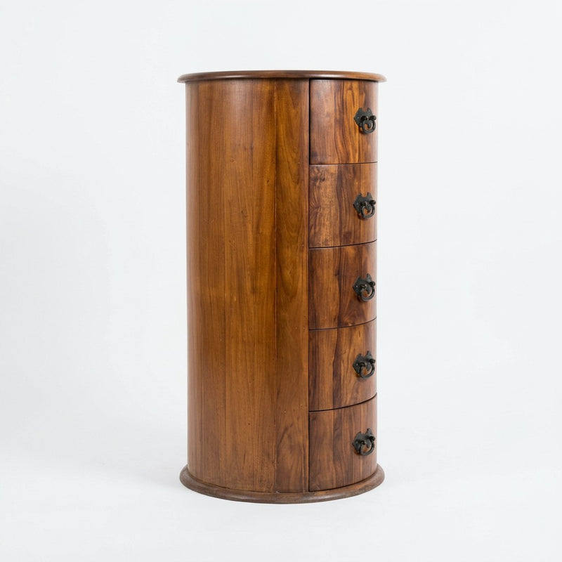 Windsor - Sheesham Wood Round Chest of Drawers with Antique Black Metal Handles, 5 Drawer Storage Cabinet