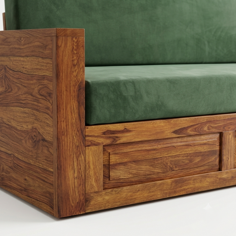 Florio Sheesham Wood Sofa Cum Bed with Green Upholstered | Convertible Wooden Sofa Bed with Storage