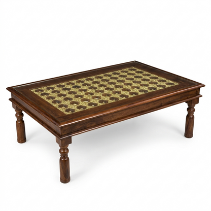 Stratford Sheesham Wood Center Table with Glass Top and Ornate Brass Work – Handcrafted Style
