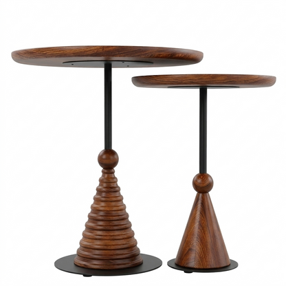 Sheesham Wood Round Nesting Side Tables Set of 2 with Black Metal Details
