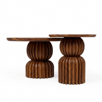 Sheesham Wood Nesting Coffee Tables Set of 2 - Sculptural Ribbed Pedestal Base