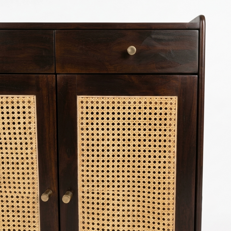 Suryavanshi Wooden Shoe Cabinet with Cane Webbing Doors, 2 Drawers, Open Shelf, Sheesham Wood