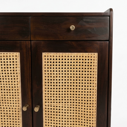 Suryavanshi Wooden Shoe Cabinet with Cane Webbing Doors, 2 Drawers, Open Shelf, Sheesham Wood