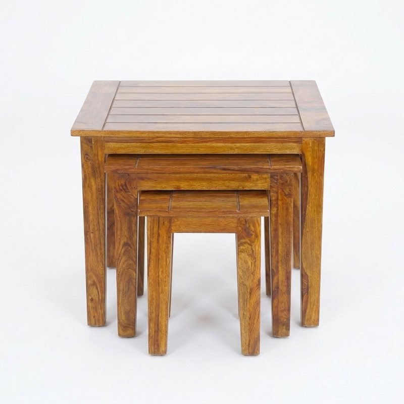 Sheesham Wood Nesting Side Tables Set of 3 – Stackable and Versatile in Honey Finish