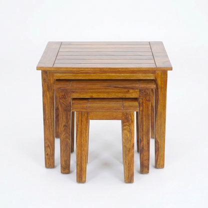 Sheesham Wood Nesting Side Tables Set of 3 – Stackable and Versatile in Honey Finish