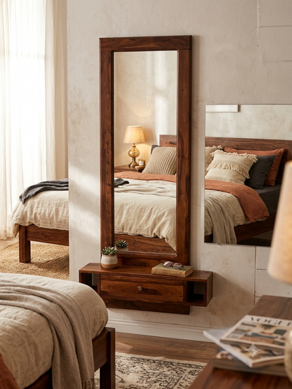 Solid Wood Wall-Mounted Dressing Mirror with Drawer & Side Storage