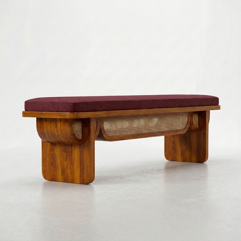 Sheesham Wood Designer Cane Bench with Maroon Upholstered Seat
