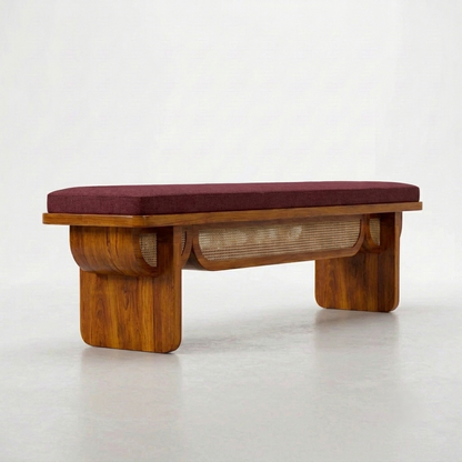 Sheesham Wood Designer Cane Bench with Maroon Upholstered Seat