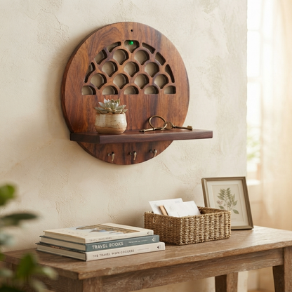 Suryavanshi Florence Wooden Wall Shelf with Key Hooks and Arch Cutout Design