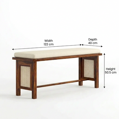 Sheesham Wood Bench with Cream Upholstered Seat & Woven Cane Panels