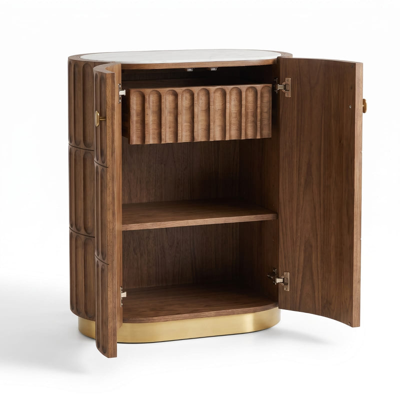 Aurora - Acacia Wood Bar Cabinet with Fluted Panel Design & Natural Marble Top