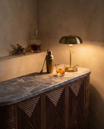 Bentley Fluted Wood Bar Cabinet with Marble Top and Brass Base