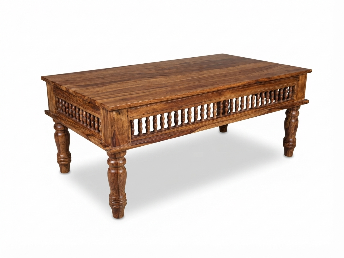 Kothari Solid Wood Coffee Table with Carved Spindle Details, Honey Finish