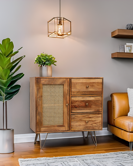 Suryavanshi Solid Wood Sideboard Cabinet with Cane 1 Door & 3Drawers | Solid Wood Sideboard Cabinet | Cane Sideboard and Cabinet | Sideboard for Living Room |Cabinet Storage | Wooden Sideboard