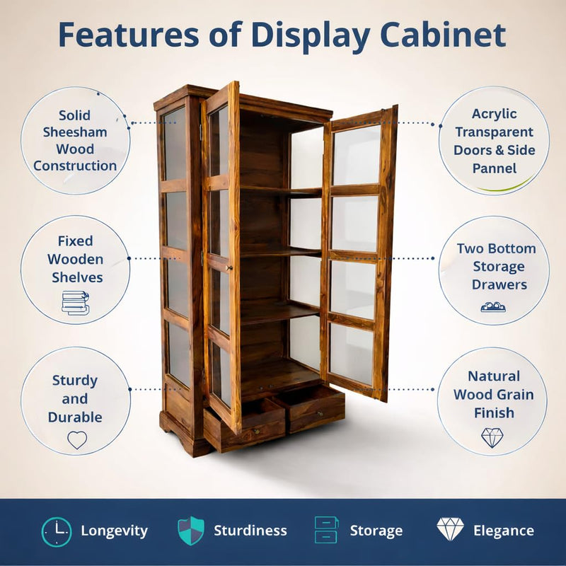 Suryavanshi Solid Sheesham Wood Crockery Cabinet with Glass Doors & Drawers