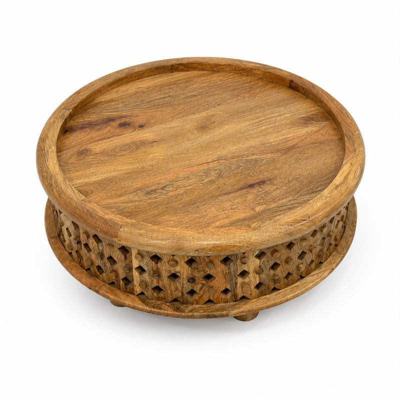 Solid Mango Wood Round Low Height Carving Coffee Table