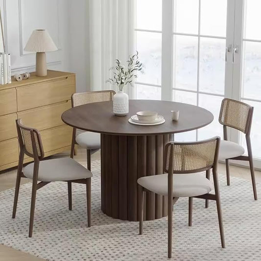 Suryavanshi Modern Solid Mango Wood Round Dining Table, Fluted Column Base, Walnut Finish(Only Dining Table)