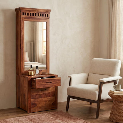 Block Solid Sheesham Wood Dressing Table with Mirror & Storage Stool Honey Finish