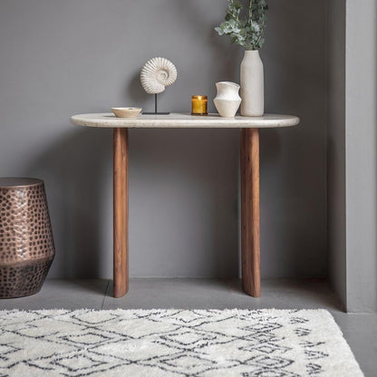 Suryavanshi Title Acacia Wood & Travertine Stone Top Zen Console Table - Harmonious Blend of Natural Elements and Serene Design(H76 x W100 x D45Cm)