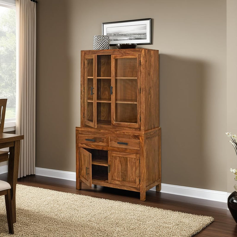 Suryavanshi Sheesham Wood Sierra Crockery Cabinet | Hutch Cabinet Solid Wood Kitchen Display, Glass Door Hutch with Storage Drawers, Rustic Brown (Natural Finish)